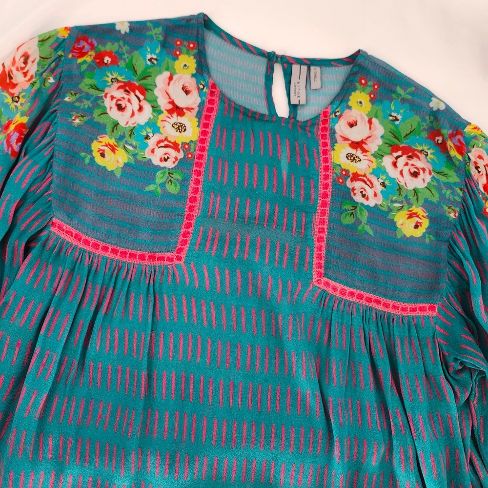 Blank London Teal Pink Boho Cottage Floral Top Women XS Whimsical Eclectic Artsy